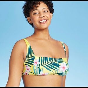 Kona Sol square neck bikini top tropical XL yellow green palm floral NWT